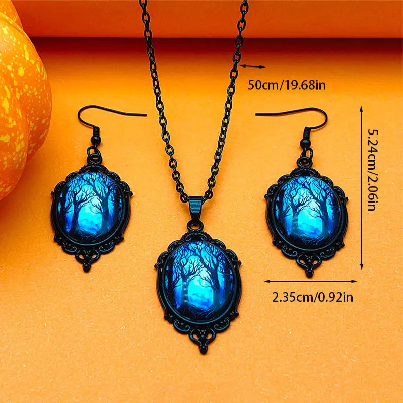 3pcs Vintage Halloween Tree Of Life And Witch Necklace Set With Earrings Alloy Pendant Jewelry - EX-STOCK Canada