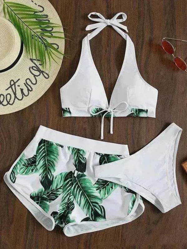 3pcs Leaf Print Bikini With Shorts Fashion Summer Beach Swimsuit Womens Clothing - EX-STOCK Canada