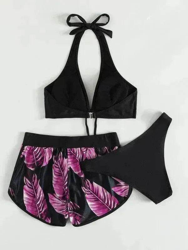 3pcs Leaf Print Bikini With Shorts Fashion Summer Beach Swimsuit Womens Clothing - EX-STOCK Canada