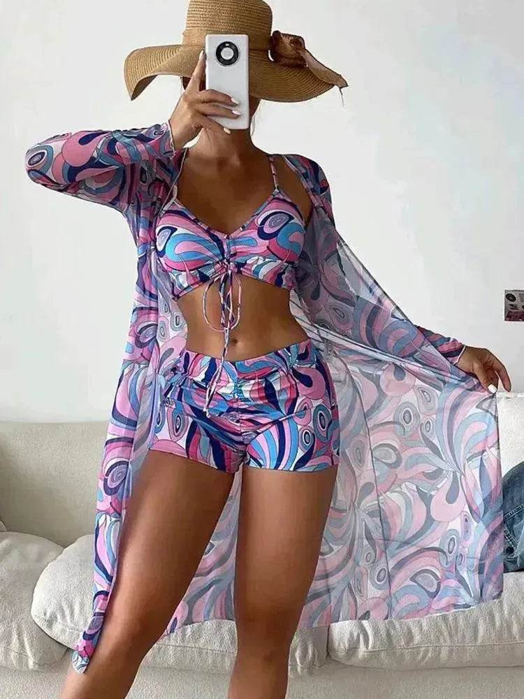 3pcs Pring Bikini With Long Sleeve Cardigan Fashion Summer Beach Swimsuit Women - EX-STOCK Canada
