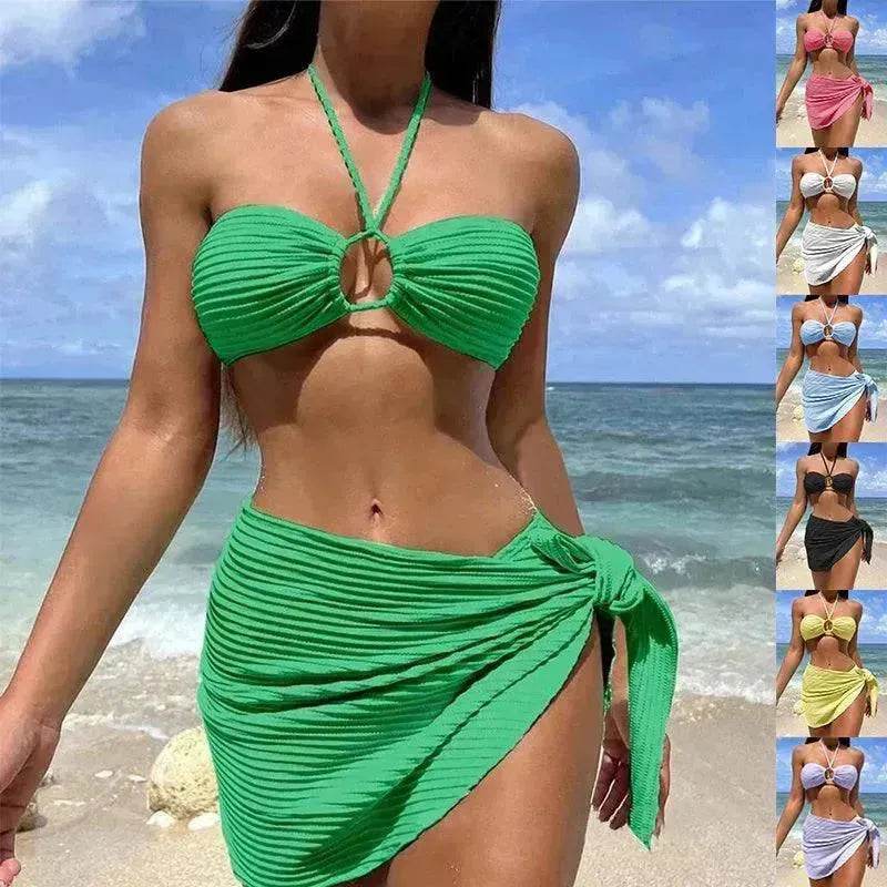 3pcs Solid Color Stripe Swimsuit Charming Summer Beach Bikini Set Womens Clothing - EX-STOCK Canada