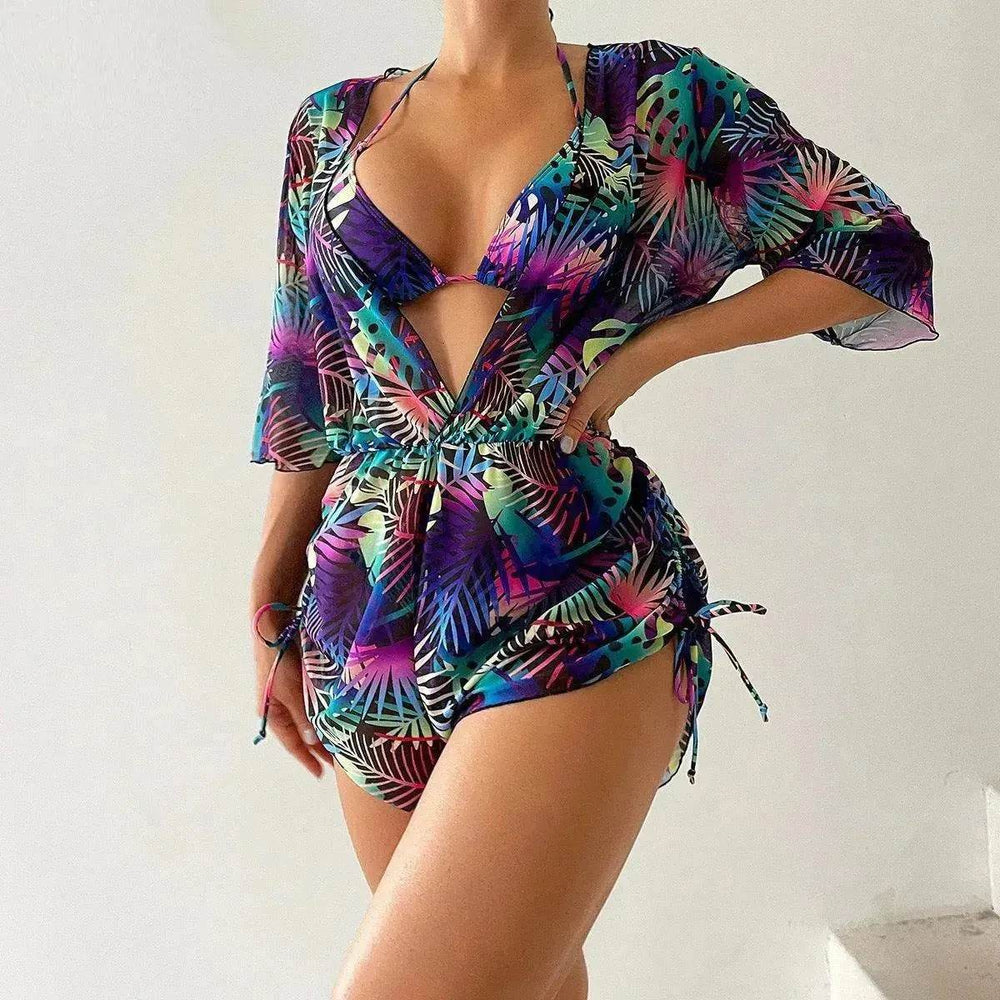 3pcs V-neck Swimsuit Suits Summer Leaf Print Waist-tie Bikini Fashion Long-sleeved Beach Sun-protection Clothing Womens - EX-STOCK Canada