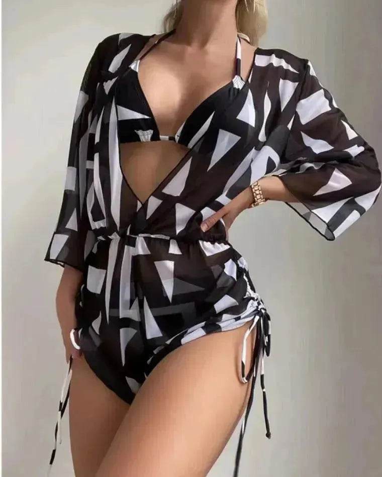 3pcs V-neck Swimsuit Suits Summer Leaf Print Waist-tie Bikini Fashion Long-sleeved Beach Sun-protection Clothing Womens - EX-STOCK Canada