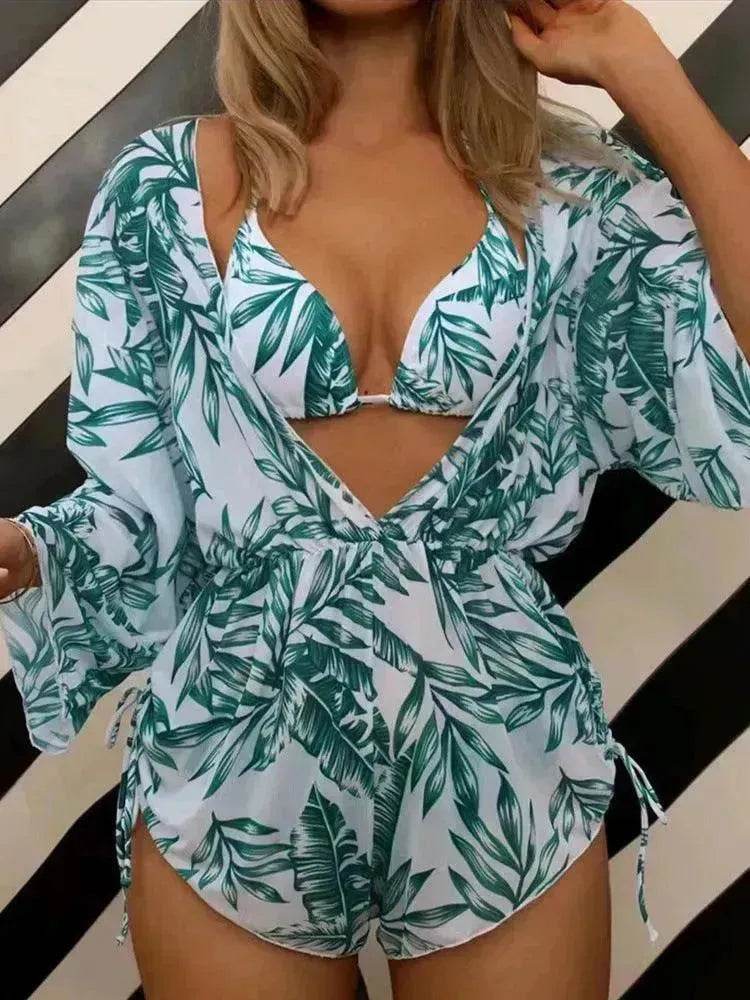 3pcs V-neck Swimsuit Suits Summer Leaf Print Waist-tie Bikini Fashion Long-sleeved Beach Sun-protection Clothing Womens - EX-STOCK Canada