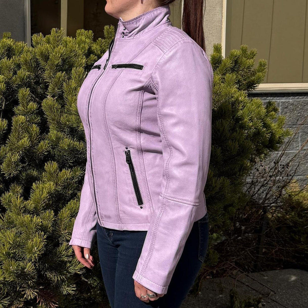Women's Classic Lamb Leather Jacket. Round Collar with Studs, 4 Zippered Pockets & Shoulder Accent Stitching