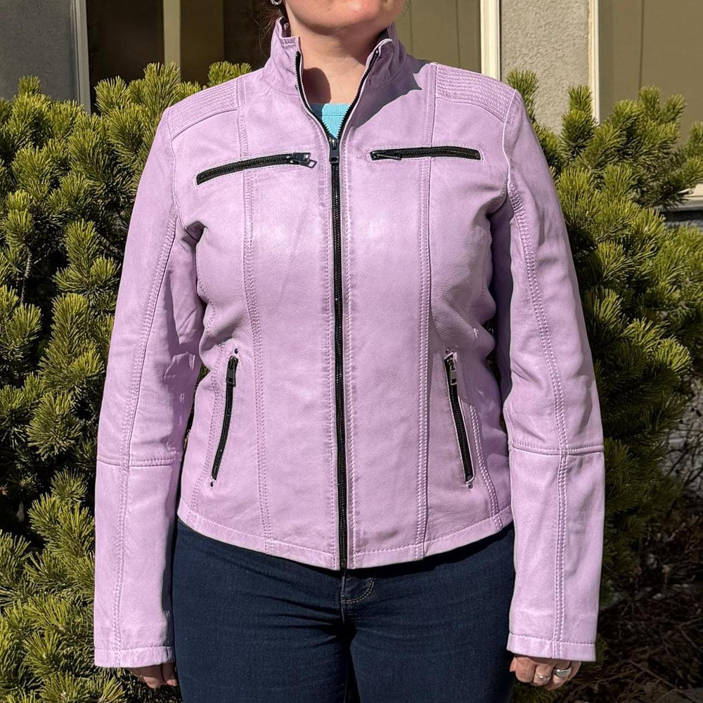 Women's Classic Lamb Leather Jacket. Round Collar with Studs, 4 Zippered Pockets & Shoulder Accent Stitching