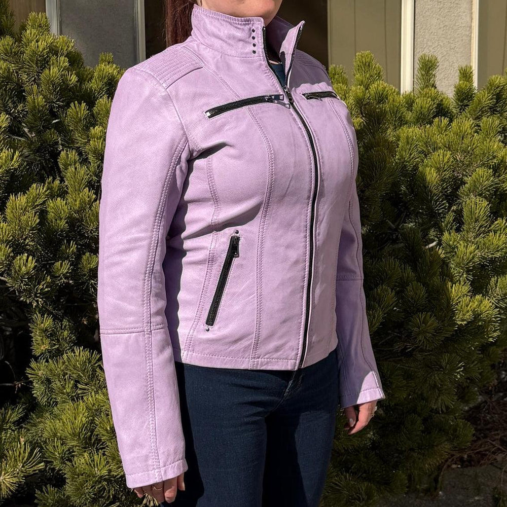Women's Classic Lamb Leather Jacket. Round Collar with Studs, 4 Zippered Pockets & Shoulder Accent Stitching