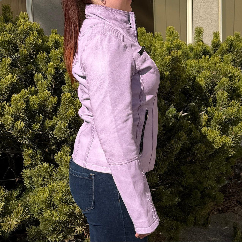 Women's Classic Lamb Leather Jacket. Round Collar with Studs, 4 Zippered Pockets & Shoulder Accent Stitching