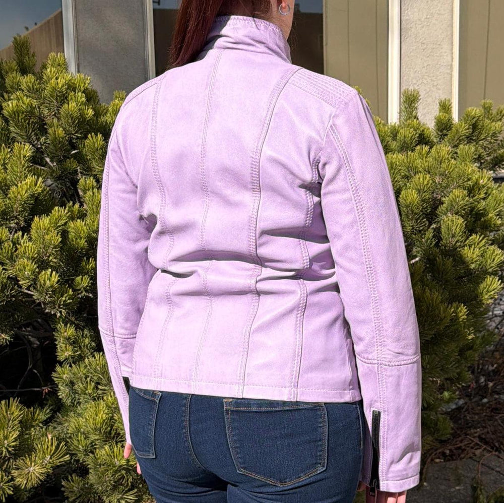 Women's Classic Lamb Leather Jacket. Round Collar with Studs, 4 Zippered Pockets & Shoulder Accent Stitching