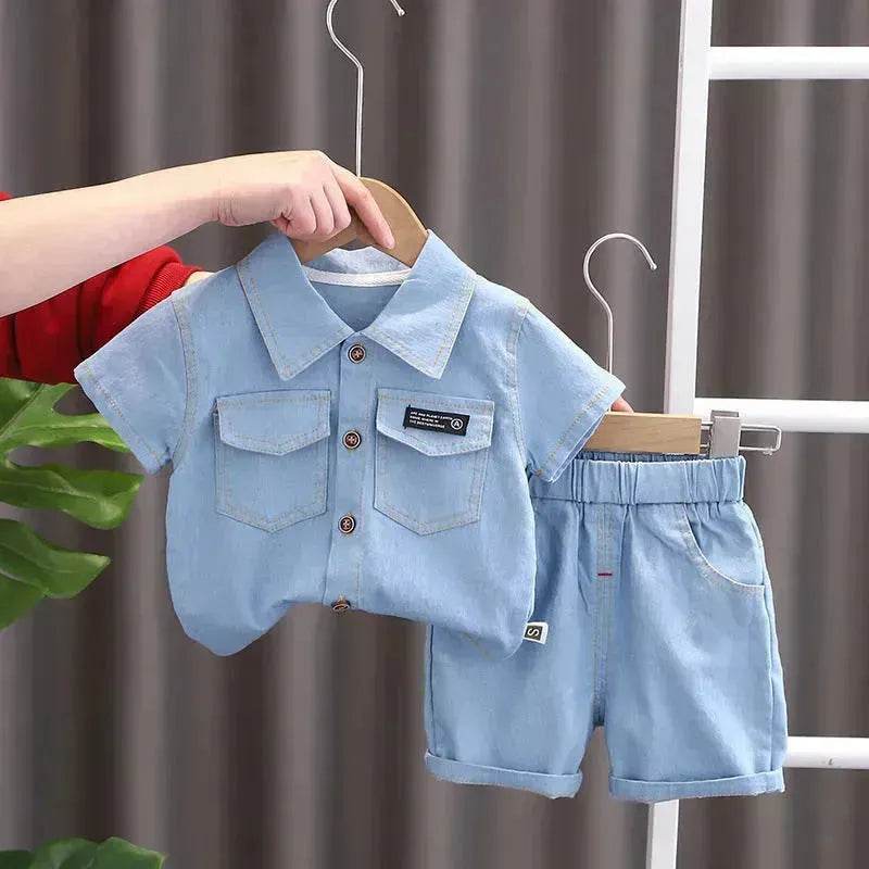 Lapel Short Sleeve Suit Children's Clothing Casual wear for boys Denim Two piece for boys - EX-STOCK Canada