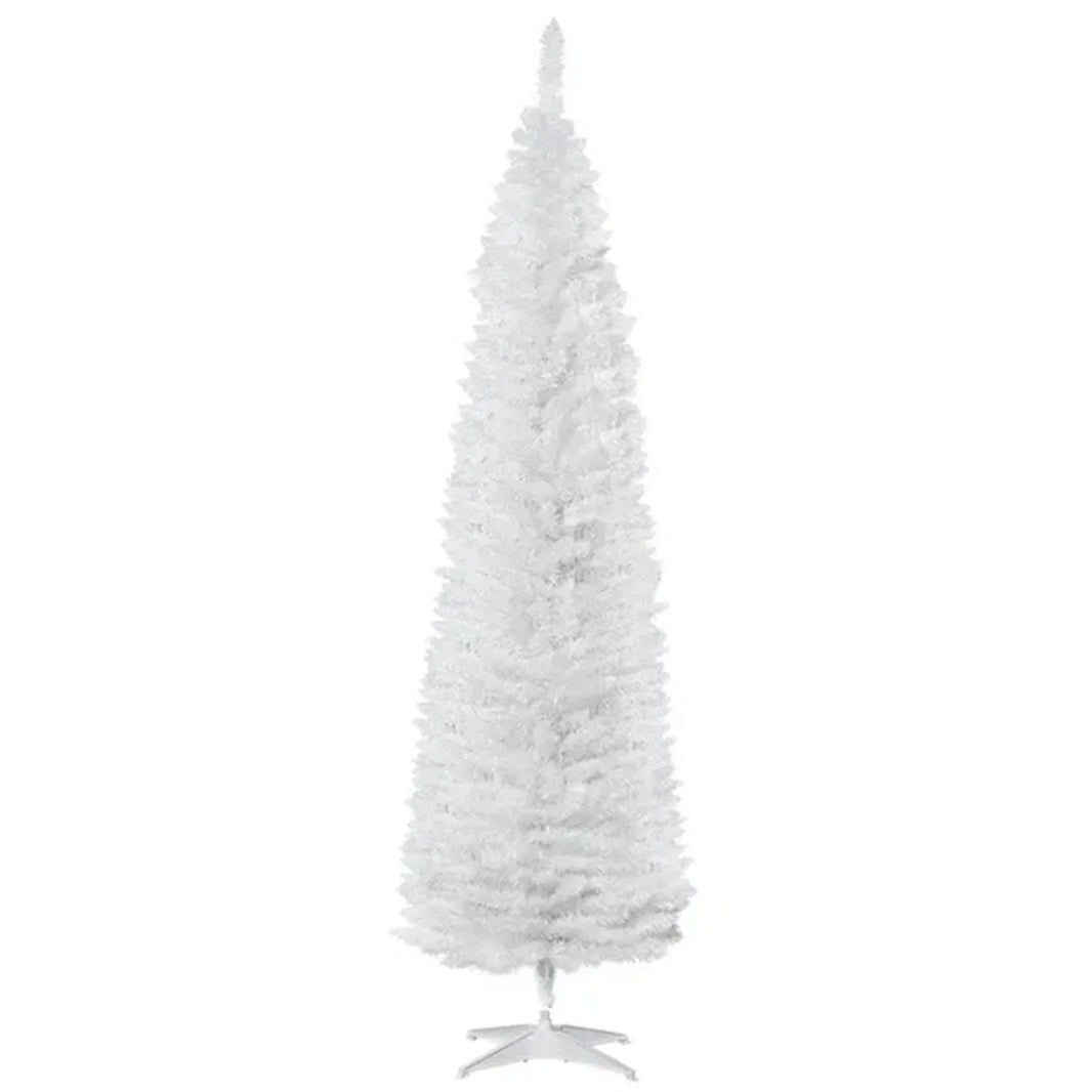 7' Pencil Christmas Tree, Slim Artificial Xmas Tree With Realistic Branches, Sturdy Metal Stand, White EX-STOCK Canada
