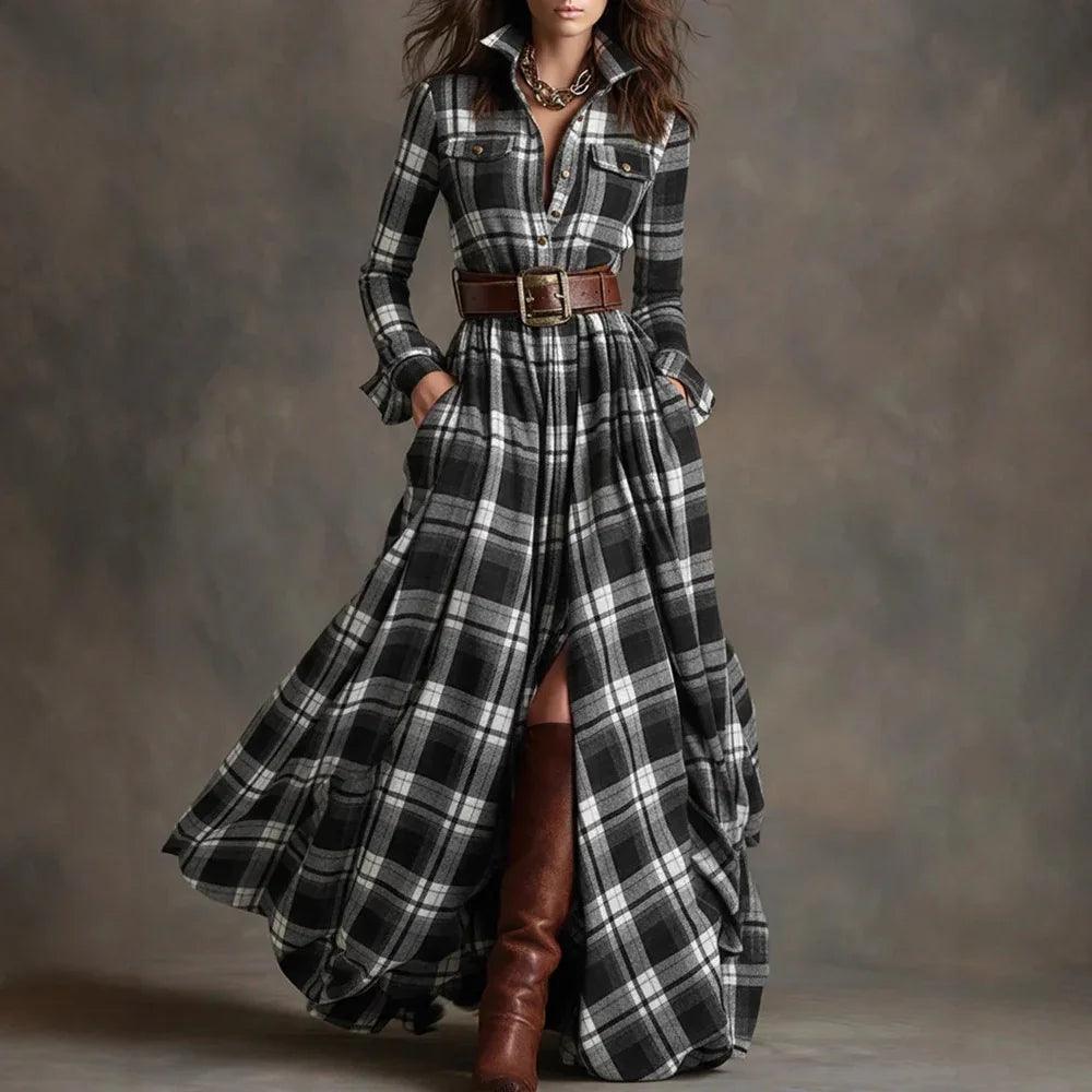 Large Size Women's Clothing French Retro Grid Slim Irregular Dress EX-STOCK Canada