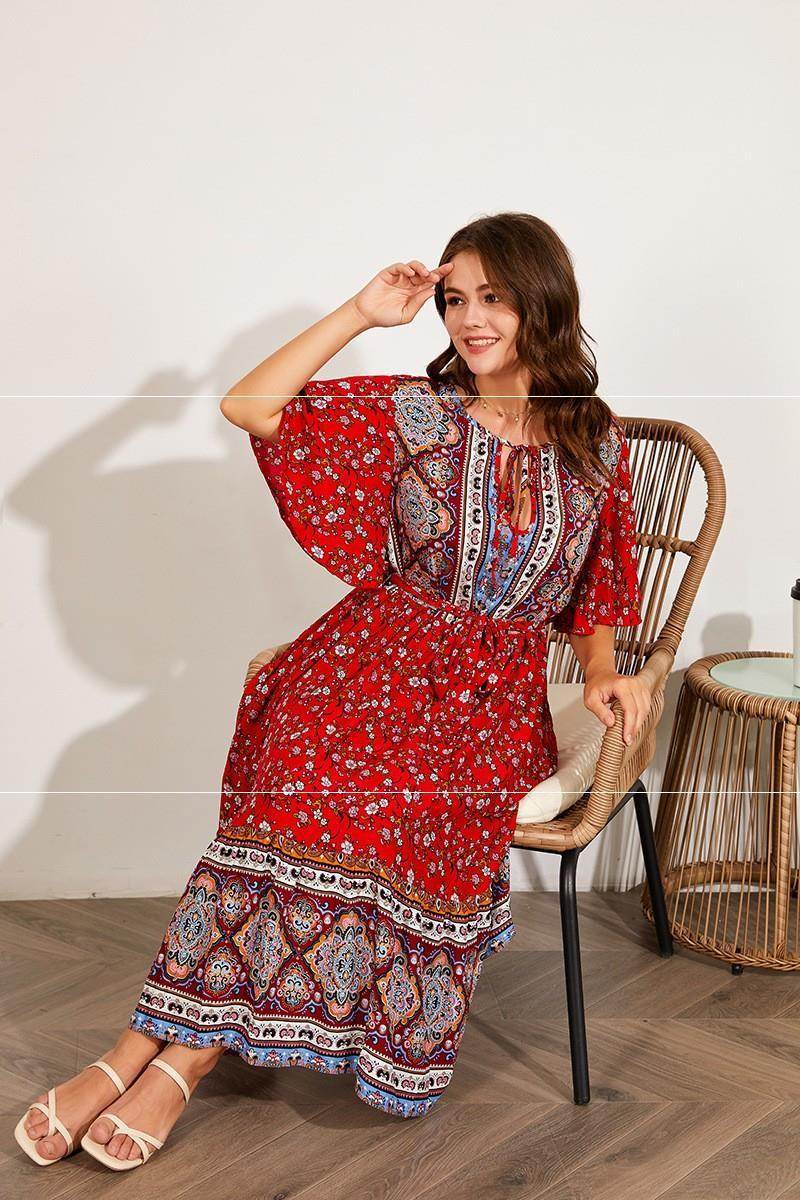 Modest Plus Size Summer dress V Neck Midi Beach boho Dress - EX-STOCK Canada