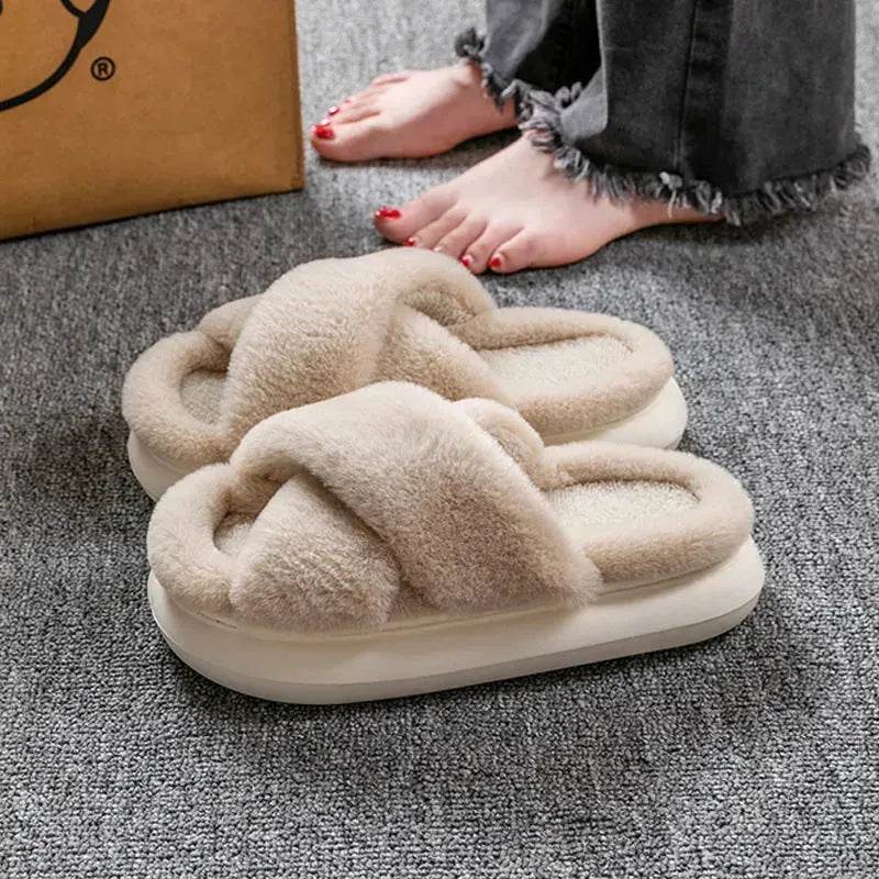 Women's Platform Fuzzy Home Slippers Winter Open Toe Criss-cross Solid Color Casual Floor Slides Indoor Flat Comfy House Shoes - EX-STOCK Canada