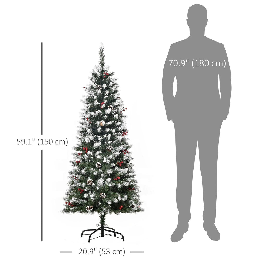 5ft Decorated Christmas Tree With Red Berries And Pine Cones, Flocked Christmas Tree With Pencil Shape, Green EX-STOCK Canada