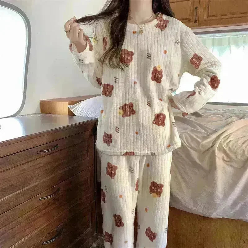 2pcs Women's Fall Winter Warm Pajamas Sets Coral Long Sleeve Cute Cartoon Bear Sleepwear Nightclothes - EX-STOCK CANADA