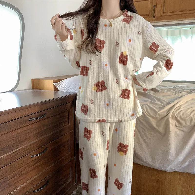 2pcs Women's Fall Winter Warm Pajamas Sets Coral Long Sleeve Cute Cartoon Bear Sleepwear Nightclothes - EX-STOCK Canada