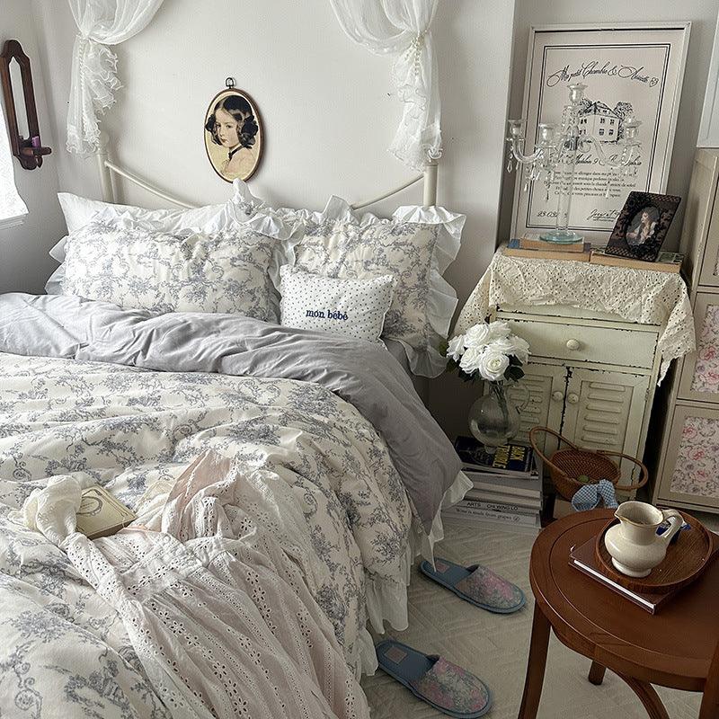 Princess Style Ruffled Pure Cotton French Floral Minimalist Bed Sheet Duvet Cover Bedding EX-STOCK Canada