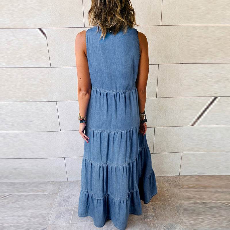 Women's Sleeveless Denim Fashion Retro High Waist Layered Dress - EX-STOCK Canada