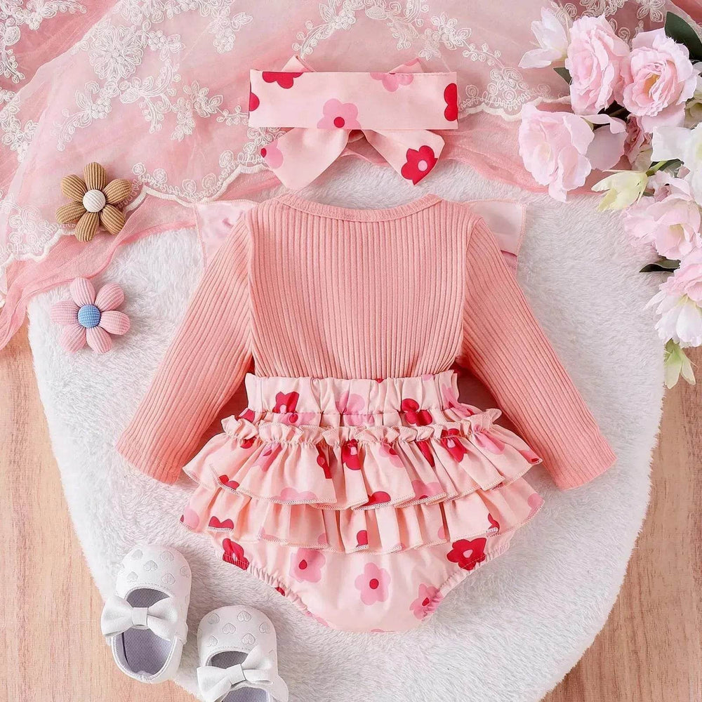 One-piece Romper Pants Bow Headdress Suit Baby girl casual pink romper with head bowtie - EX-STOCK Canada