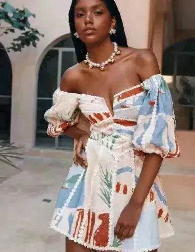 Women's Flower Print Lace Sling Dress Fashion V-neck Waist-baring Skirt Summer Clothing - EX-STOCK Canada