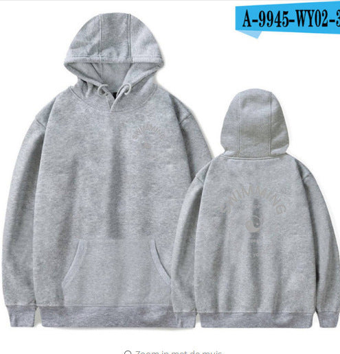 Gray hoodie shown from front and back on a white background