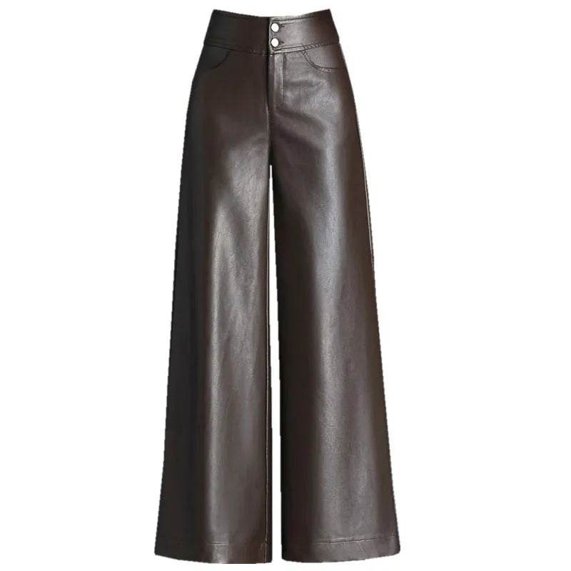 High Waist Thick Loose Big Leg Straight All-matching Wide Leg Leather trouser Pants For Women - EX-STOCK Canada
