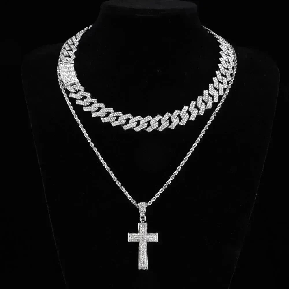 Full Diamond Cross Pendant Cuban Link Chain - EX-STOCK CANADA