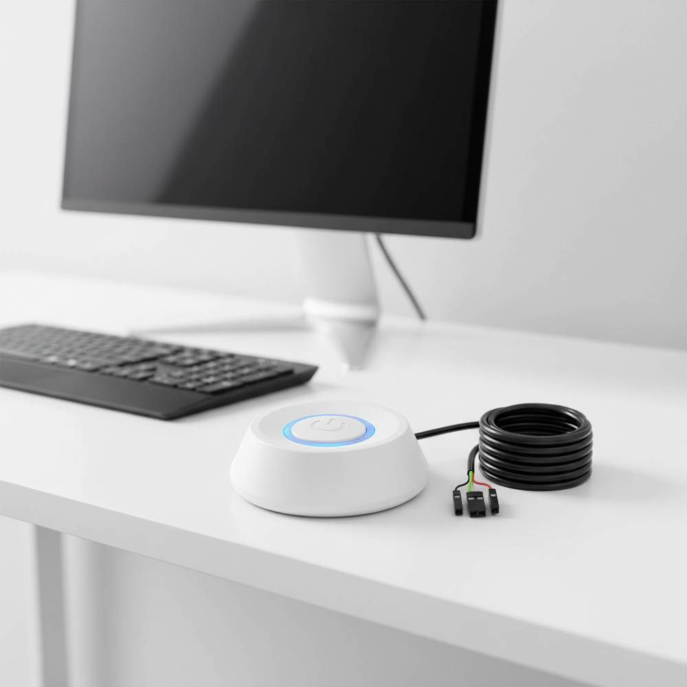 A white circular electronic device with a blue ring around its power button, placed on a white desk next to a coiled black cable and connectors, with a blurred computer monitor and keyboard in the background.