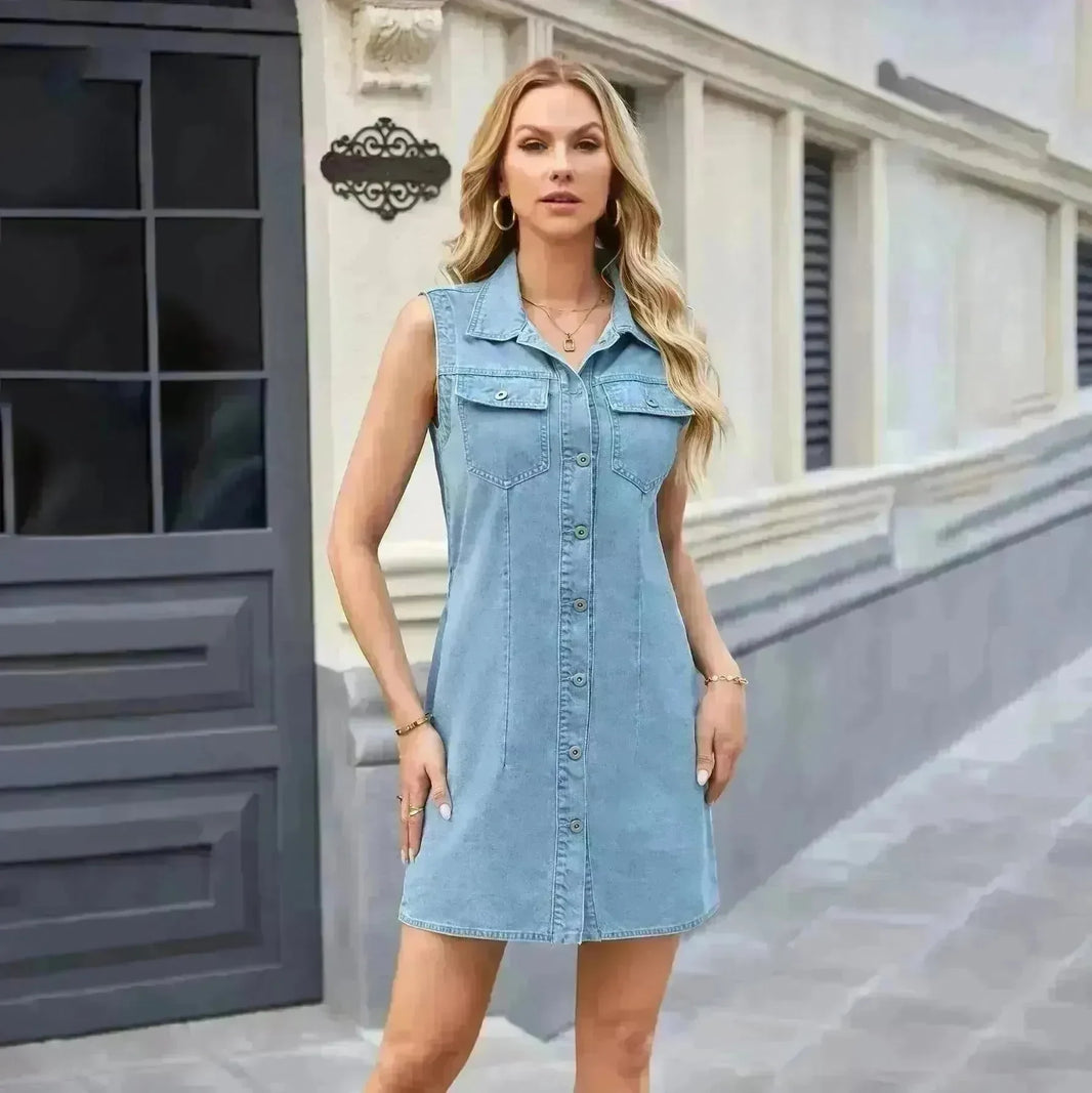 Fashion Sleeveless Denim Dress With Pockets Summer Casual Button Short Dresses Womens Clothing - EX-STOCK CANADA