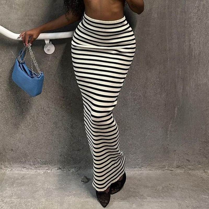 High-waisted Black And White Striped Straight Long Pencil Skirt - EX-STOCK Canada