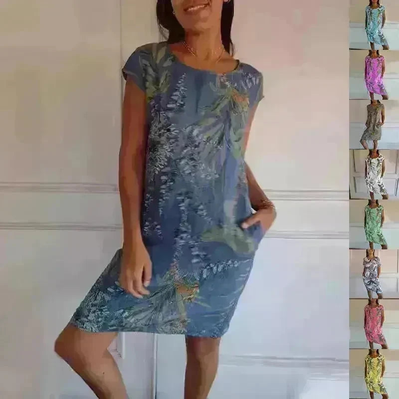 Casual Floral Printed Straight Dress Summer Loose Round Neck Short Sleeve Midi Dresses Womens Clothing - EX-STOCK CANADA