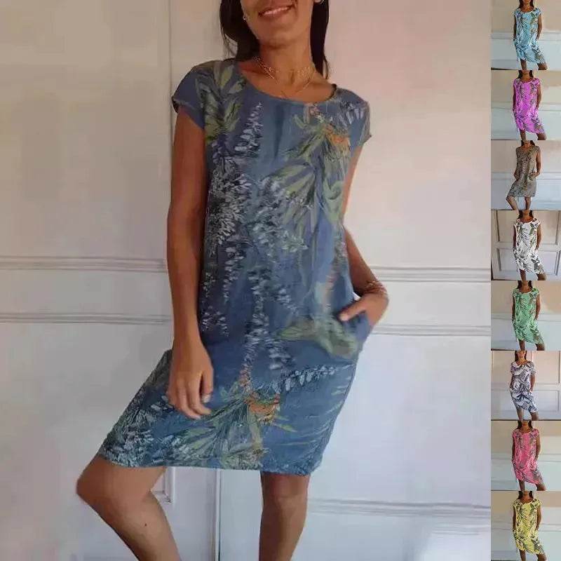 Casual Floral Printed Straight Dress Summer Loose Round Neck Short Sleeve Midi Dresses Womens Clothing - EX-STOCK Canada
