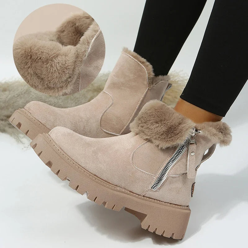 Women's Suede Snow Boots – Plush Lined Ankle Boots with Side Zipper | Black, Brown, Khaki | Sizes 35–43