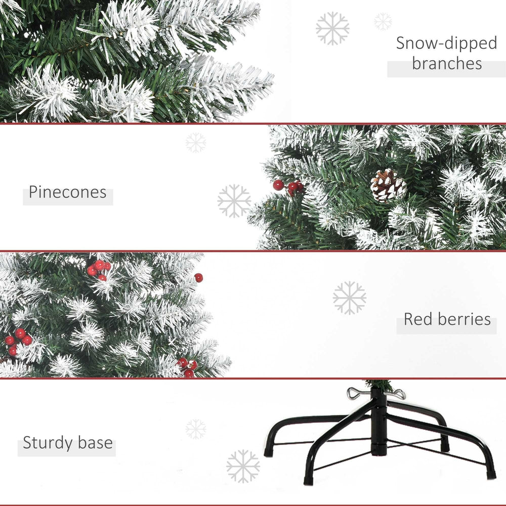 6ft Decorated Christmas Tree With Red Berries And Pine Cones, Flocked Christmas Tree With Pencil Shape, Green EX-STOCK Canada