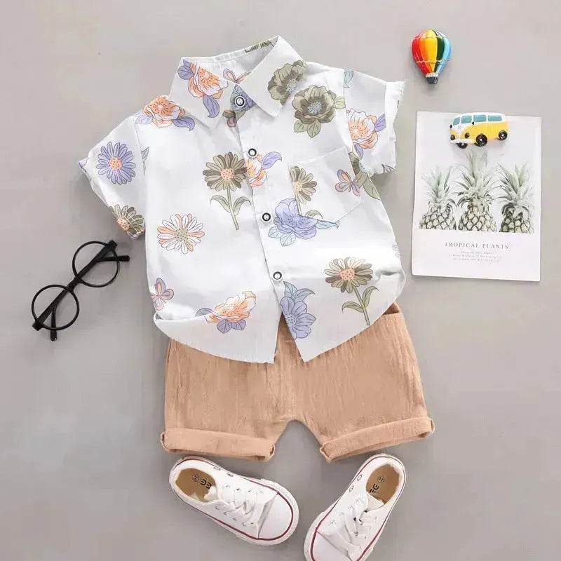 Summer Flower Lapel Shirt Two-piece Set for boys Short sleeve shirt and short pant - EX-STOCK Canada