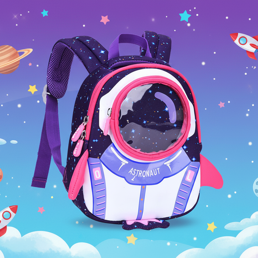 A children's astronaut backpack with a clear dome window, purple straps, and pink trim, shown against a whimsical outer-space background with planets, stars, clouds, and rockets.