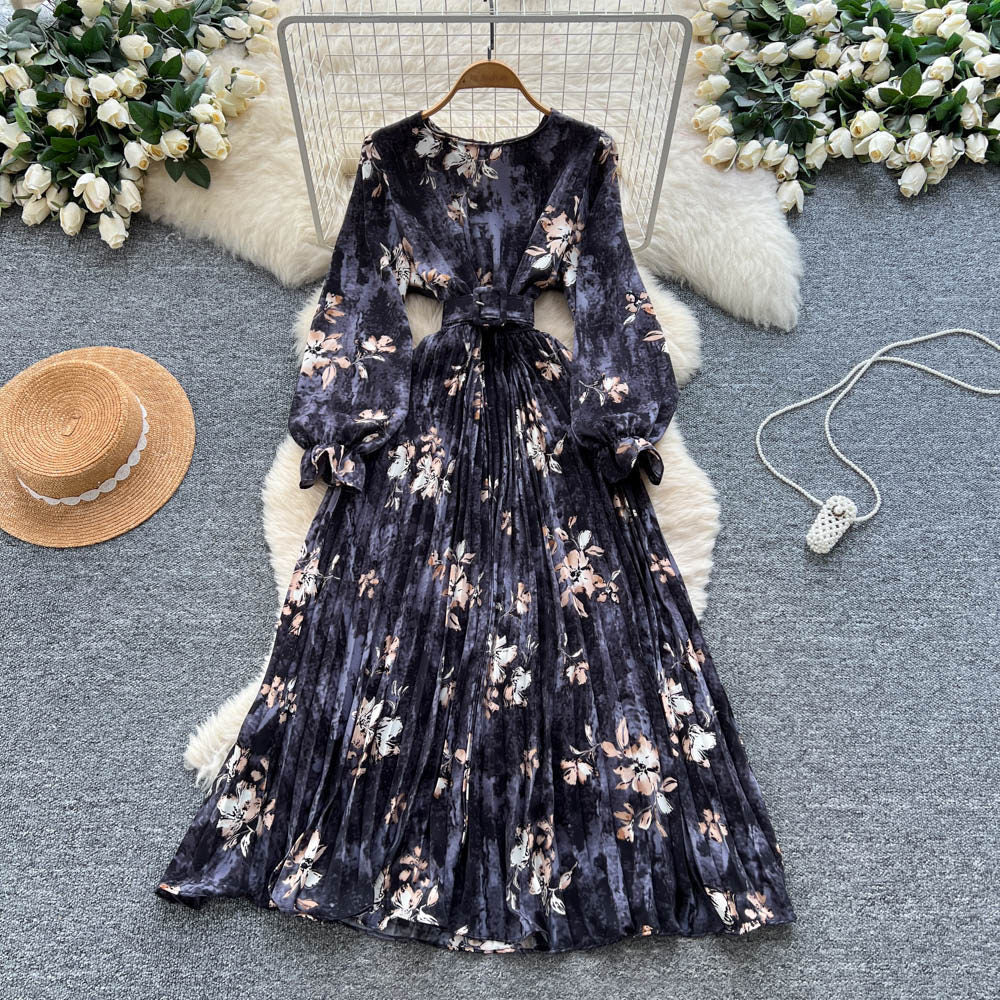 Women's French Vintage Pleated A-Line Maxi Dress – High Waist | 8 Colors