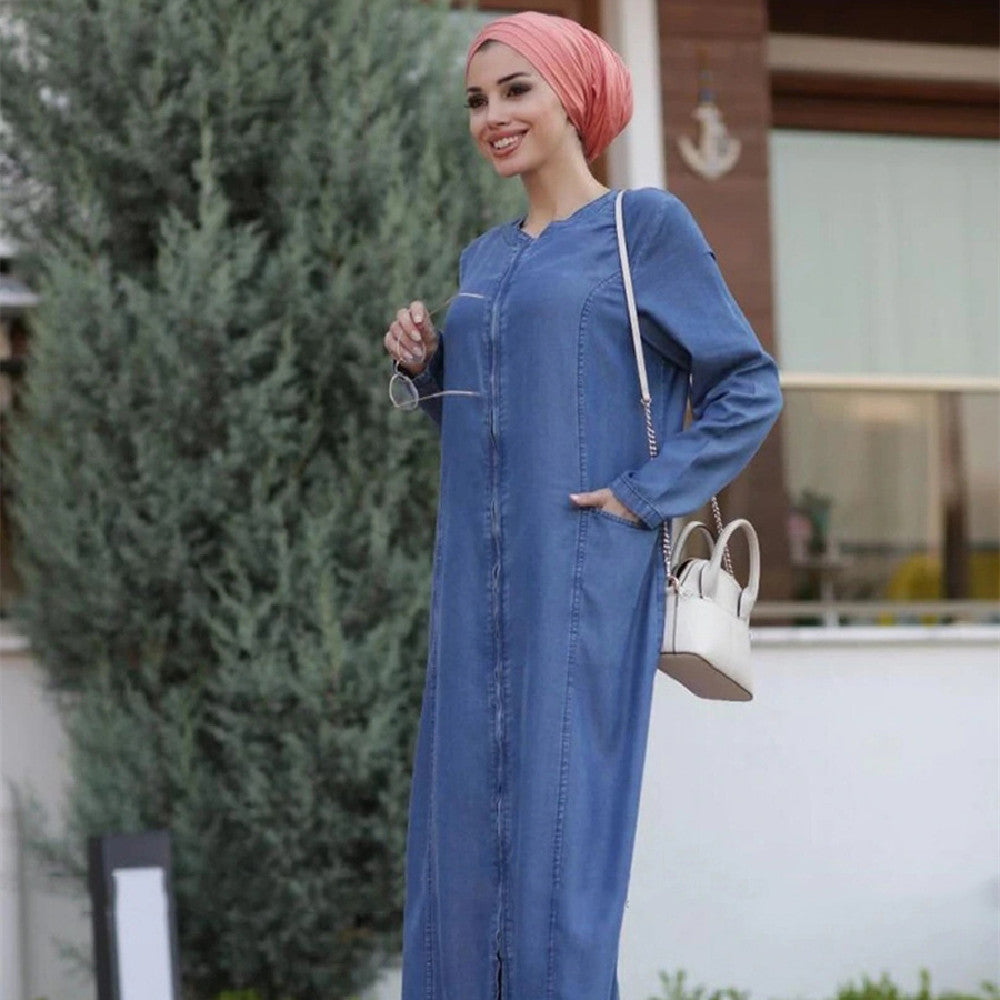 Robe arabe décontractée A1328 en jean à manches longues avec poche, fermeture éclair et surpiqûres - EX-STOCK Canada