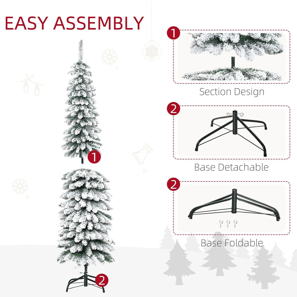 6 Ft Snow-Flocked Artificial Christmas Tree, Slim Pencil Xmas Tree With Realistic Branches, Metal Base, Green EX-STOCK Canada