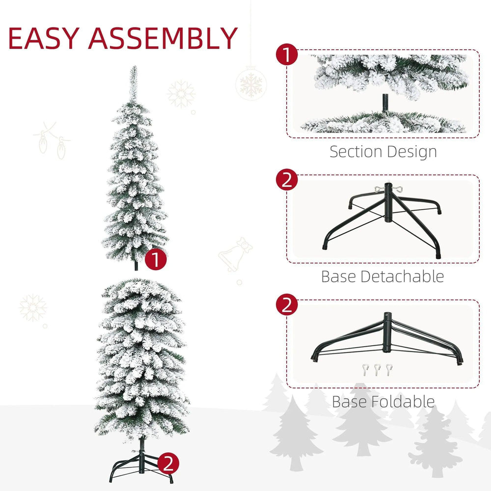 6 Ft Snow-Flocked Artificial Christmas Tree, Slim Pencil Xmas Tree With Realistic Branches, Metal Base, Green EX-STOCK Canada
