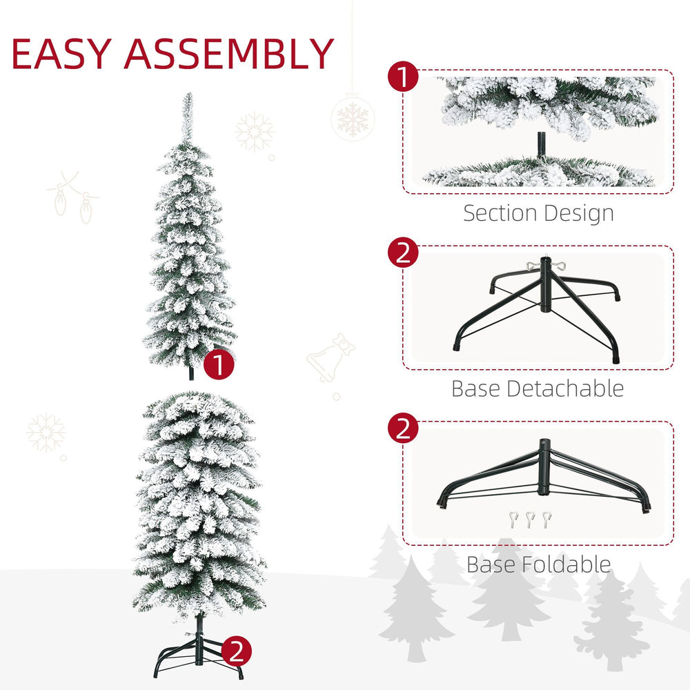 6 Ft Snow-Flocked Artificial Christmas Tree, Slim Pencil Xmas Tree With Realistic Branches, Metal Base, Green EX-STOCK Canada