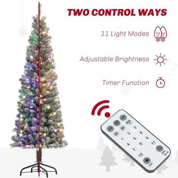 6ft Prelit Pencil Artificial Christmas Tree, Flocked Xmas Tree With Remote, Dual Colour LEDs, 429 Tips, Metal Stand EX-STOCK Canada