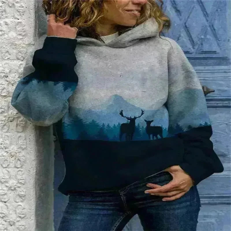 Hooded Long Sleeve Digital Printing Loose Casual Sweater For Women - EX-STOCK CANADA