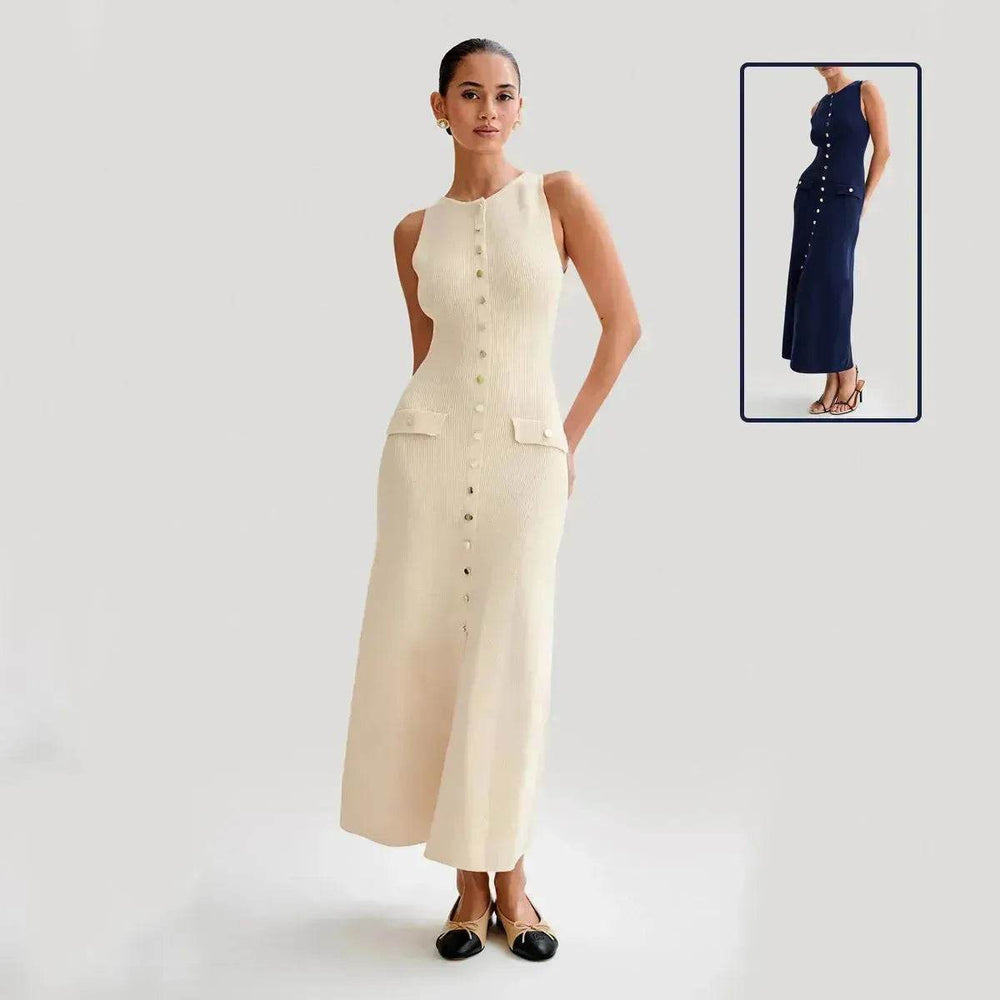 Elegant Knitted Sleeveless Dress With Single Breast Fashion Slim Round Neck Long Dresses Womens Clothing - EX-STOCK Canada