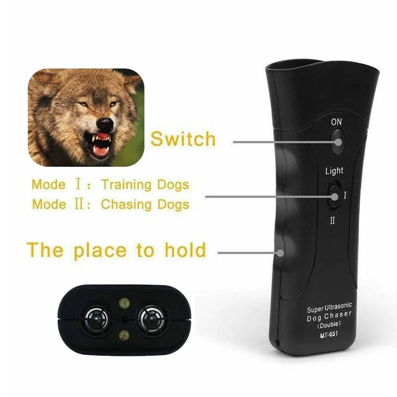 Appareil de Dressage Anti-Aboiement 3-en-1 pour Chien Répulsif Ultrasonique avec Lampe de Poche LEDEX-STOCK Canada