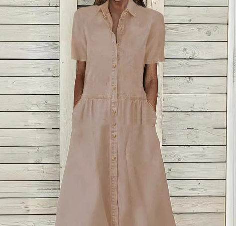 Women's European And American Lapel Casual loose button down Midi Denim jeans Mum Dress - EX-STOCK Canada