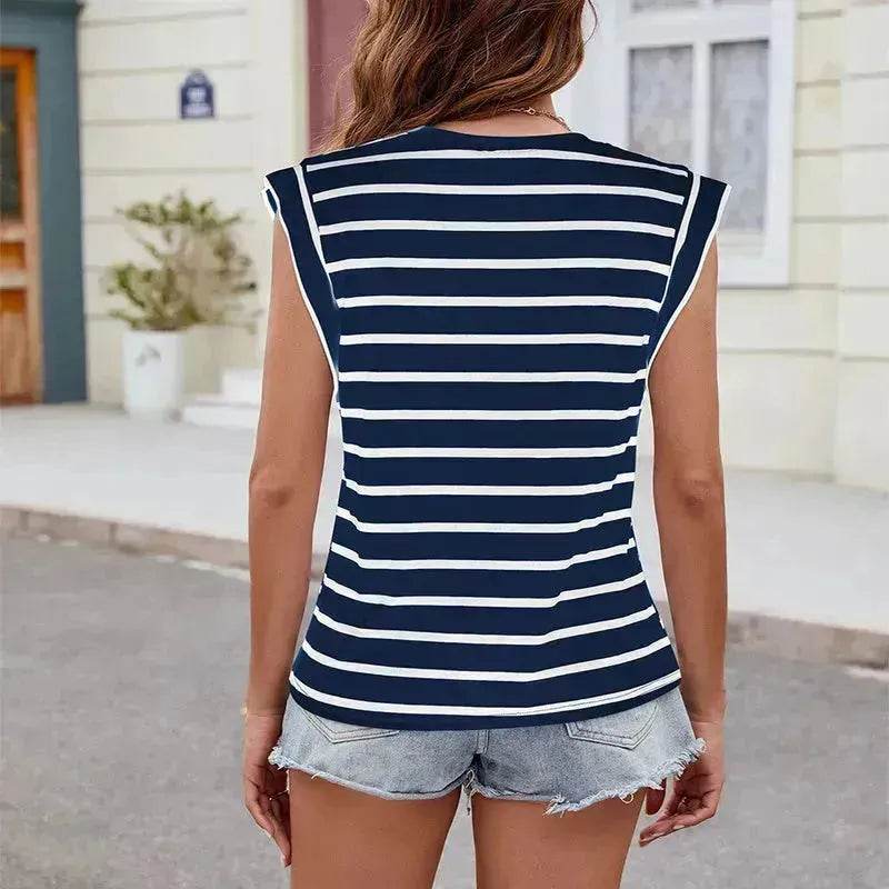Fashion Stripe Print V-neck Short-sleeved T-Shirt Summer Loose Casual top for Women - EX-STOCK Canada