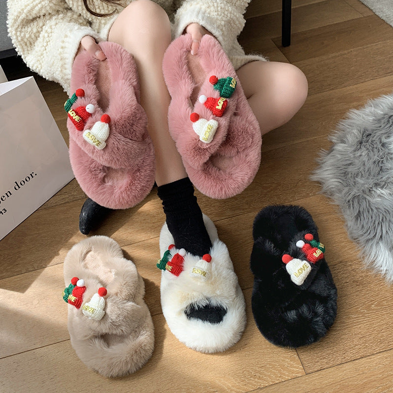 Christmas Hat Fluffy Slippers Women's Warm Toe Covering Cotton Slippers EX-STOCK Canada