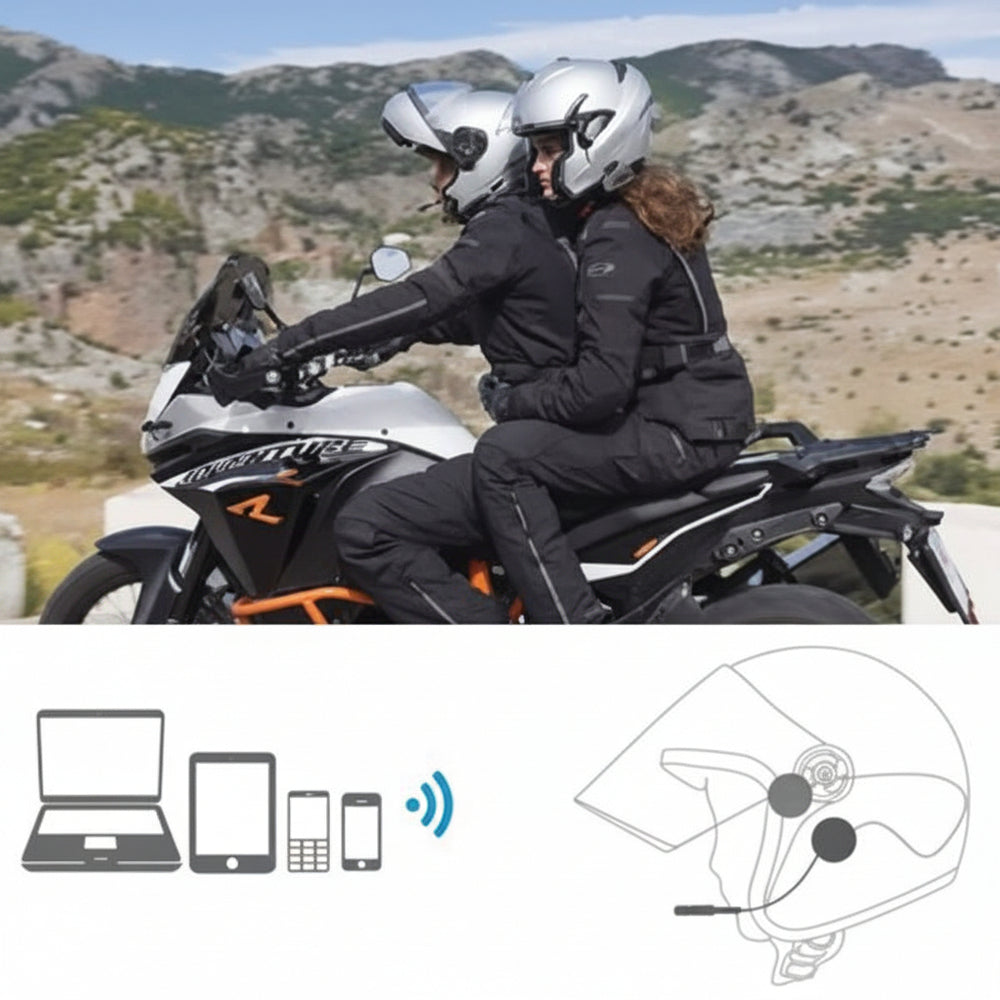 Two people on a motorcycle with a scenic background, featuring icons of electronic devices.